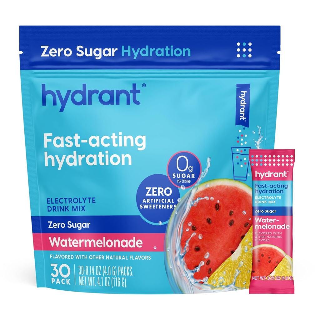 Hydrant - Hydrate Electrolyte Powder, Watermelonade Flavor, 30 Sugar-Free Hydration Paquetes individuales de palo - Zero Sugar Drink Mix for Daily Use, Travel & Workouts