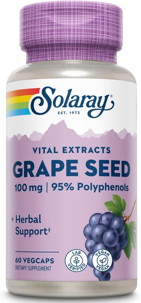 SOLARAY Grape Seed Extract 100 mg Plus Complejo Bioflavonoide ← Saludable Cardiovascular & Blood Vessel Support ← 60 VegCaps