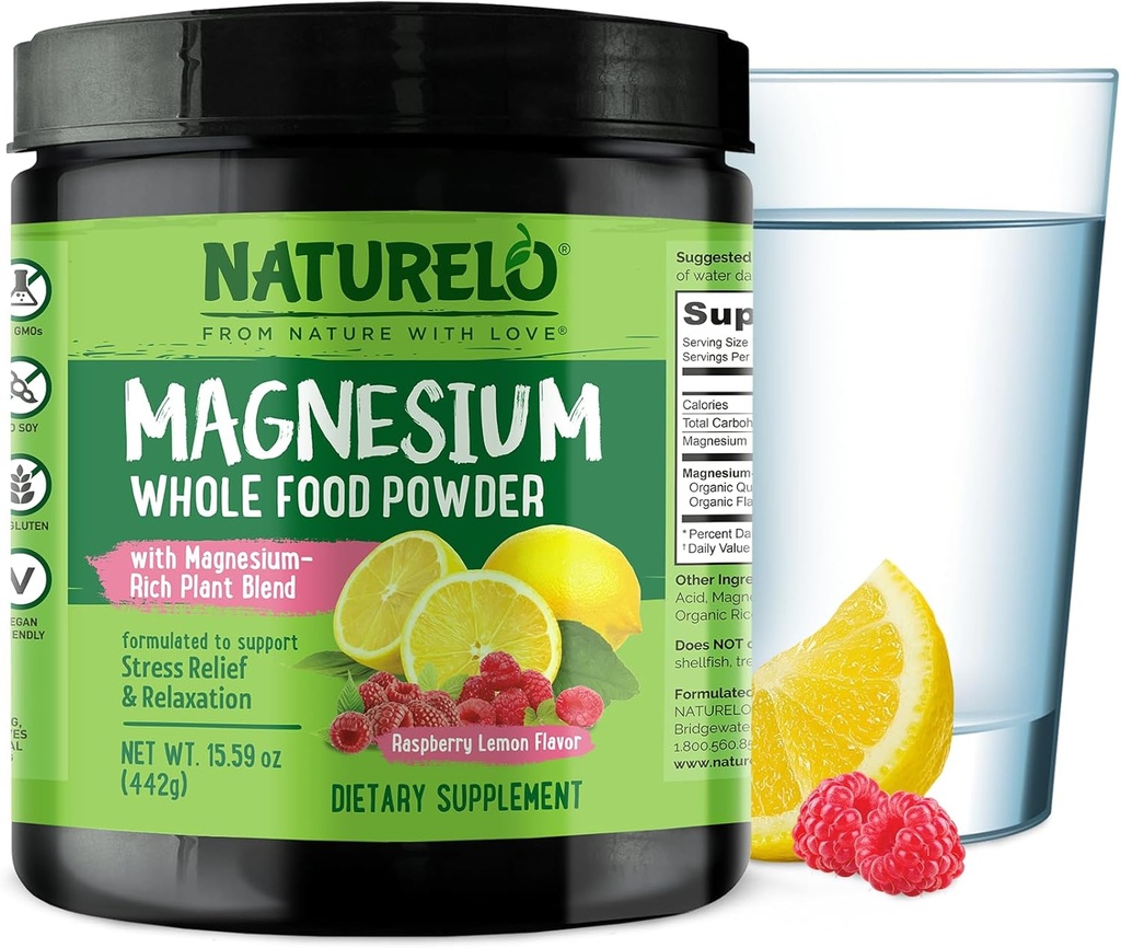 NATURELO Pólvora de Magnesio - Pólvora de Magnesio de Comida Completa con Quinoa, Cáuliflor, " Flaxseed for Stress Relief, Raspberry Lemon 85 Servings, 15oz