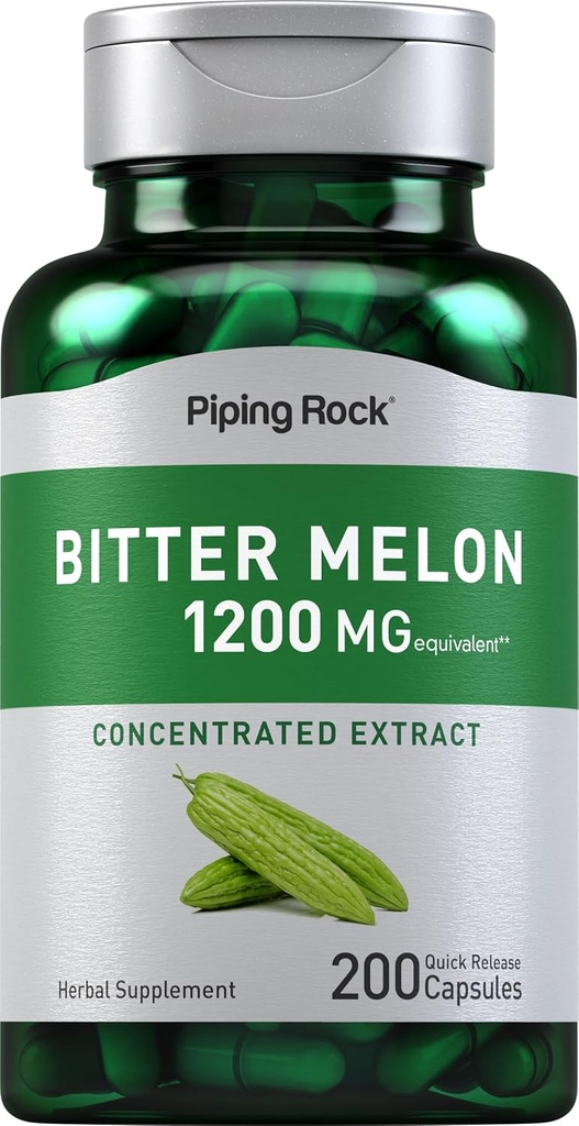 Piping Rock Bitter Melon Capsules 1200mg Silencio 200 Conde Silencio Momordica Charantia Silencio Concentrated Extract Silencio Herbal Suplemento Silencio No GMO, Gluten Free