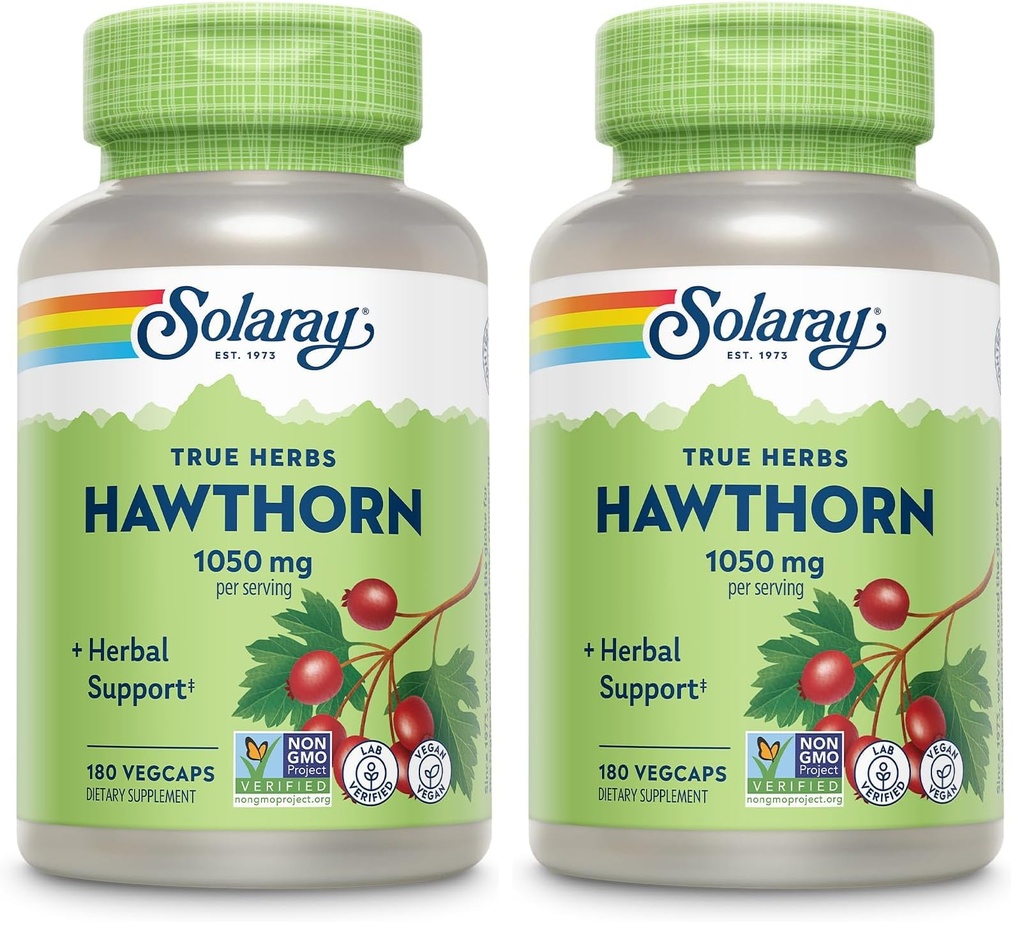 SOLARAY Hawthorn Berry Capsules 1050 mg – Soothing Herbal Support – Vegan, Non-GMO, 180 VegCaps, 90 Servings (Pack of 2)