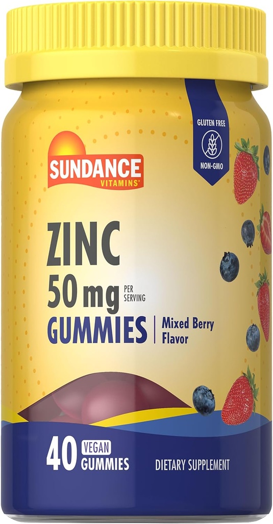 Sundance Zinc Gummies for Adults tención 50mg ← Mixed Berry Flavor ← Vegan, Non-GMO y Gluten Free Supplement