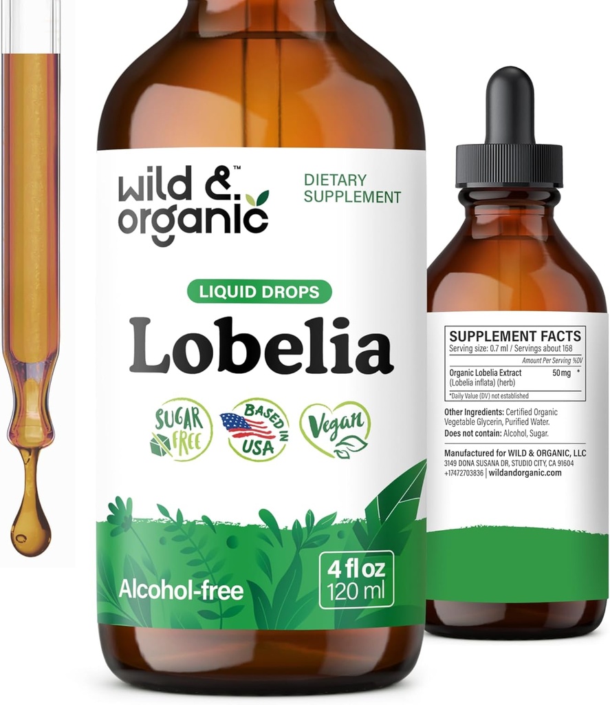 Wild & Organic Lobelia Tincture - Lung Detox y Cleanse - Líquido Lobelia Herb Suplemento - Extracto de hoja vegano, azúcar y sin alcohol - 4 fl oz
