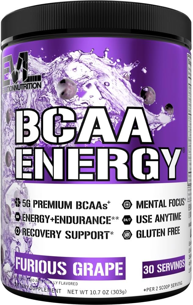 EVL BCAAs Aminoácidos Polvo - BCAA Energy Pre Workout Powder para la recuperación muscular crecimiento y resistencia - Rehidratación de la bebida de recuperación después del entrenamiento con la cafeína natural - Furious Grape