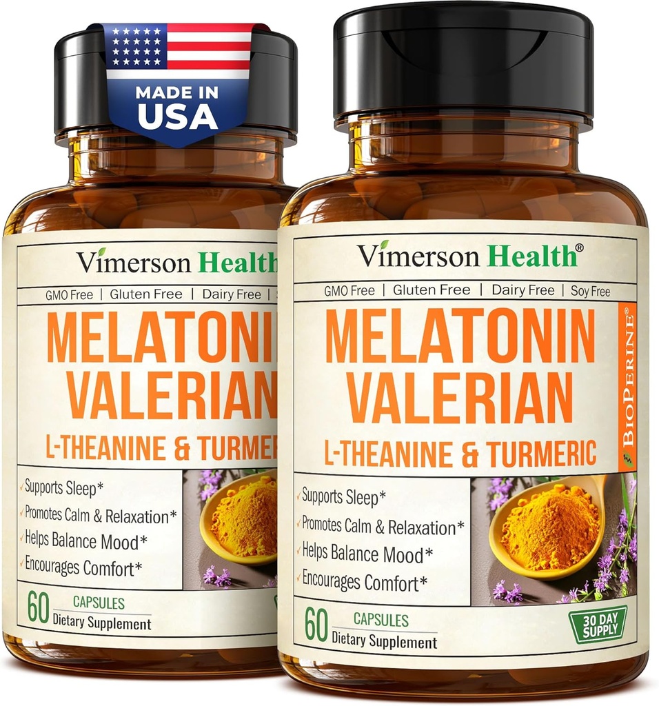 Melatonin Sleep Aid con L Theanine " Valerian Root – Suplemento Turmeric – Curcumina Turmérica con Ginger " Black Pepper – L-Theanine " Melatonin 3mg para el sueño, la calma y el alivio de estrés – 2 Pack