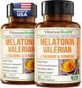 Melatonin Sleep Aid con L Theanine " Valerian Root – Suplemento Turmeric – Curcumina Turmérica con Ginger " Black Pepper – L-Theanine " Melatonin 3mg para el sueño, la calma y el alivio de estrés – 2 Pack