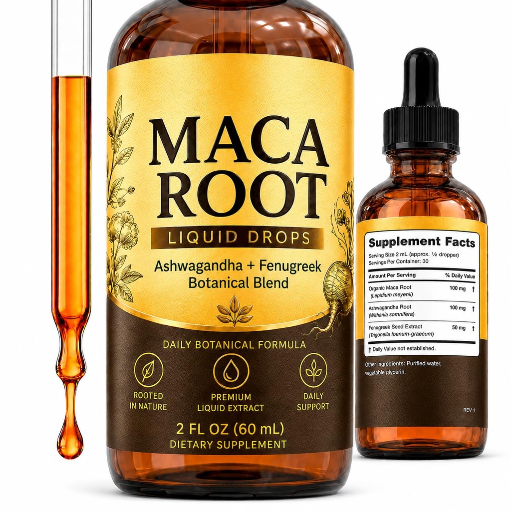 Maca Root Liquid Drops for Women and Men, with Ashwagandha and Fenugreek, Beet Root and L-Arginine, Botanical Blend Dietary Supplement, Daily Wellness Routine, 2 Fl Oz