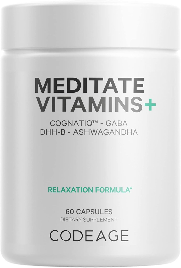 Meditación de Codeage Vitaminas+ Suplemento - CognatiQ, DHH-B, GABA, Ashwagandha, Setas Orgánicas, Blueberries - Píldoras Cerebro BDNF y Neuroproteína - Vegan, No Gluten-Free - 60 cápsulas