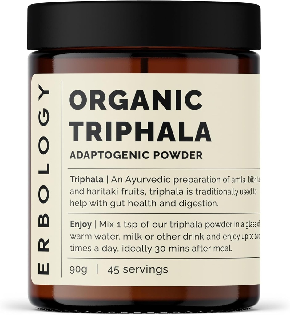 Erbology 100% Organic Triphala Powder 3.2 oz - 45 Servings - Ayurvedic Blend of Amla, Haritaki & Bibhitaki - Gut Health - Straight from Farm in India - Raw, Vegan and Gluten-Free - No GMO