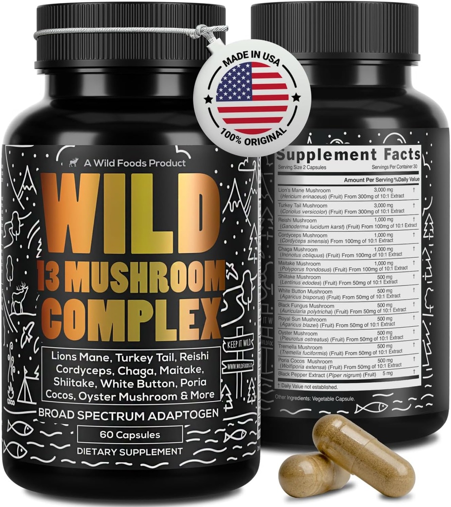 Alimentos silvestres Premium Mushroom Suplemento Complejo ← Mushroom Extract 13 Setas orgánicas: Lions Mane, Turquía Tail, Reishi & More Adaptogenic Mushrooms for Energy, Brain & Immune Health (Pack of 2)