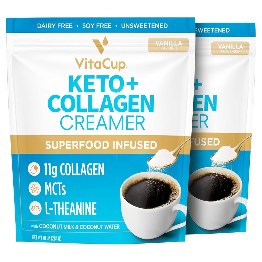 VitaCup Keto + Collagen Coffee Creamer Vanilla Flavor w/MCT, Collagen Protein, Coconut Water, L-Theanine for Keto Diet, Coffee, Smoothies, & Shakes, sin lácteos, libre de soja, 2 bolsas, 10oz cada una