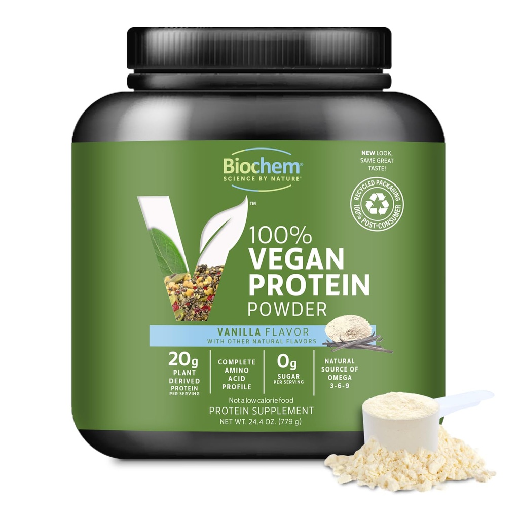 Biochem Vegan Protein Powder, Vanilla, 20g Protein, 1.5 lb, 24 Servings
