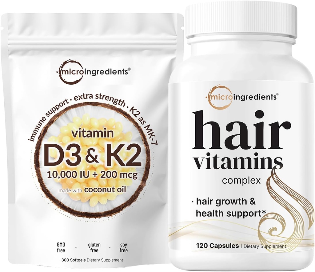 Micro Ingredientes Vitamina D3 10.000iu + K2 200mcg Aceite de coco Softgels & Pelo Vitaminas Complejo Capsules Bundle 2 Pack ← Esencial Sunshine Vitaminas ← 14-in-1 Advanced Hair Growth Support
