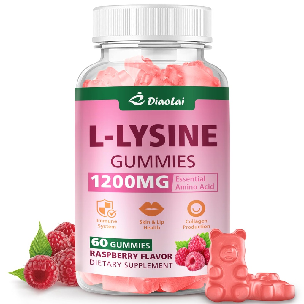 L-Lysine 1200mg Gummies, Chewable Lysine Supplement for Adults, Immune Support, Collagen Formation Support, Lip & Skin Health, Vegan, Raspberry Flavor, 60 Count