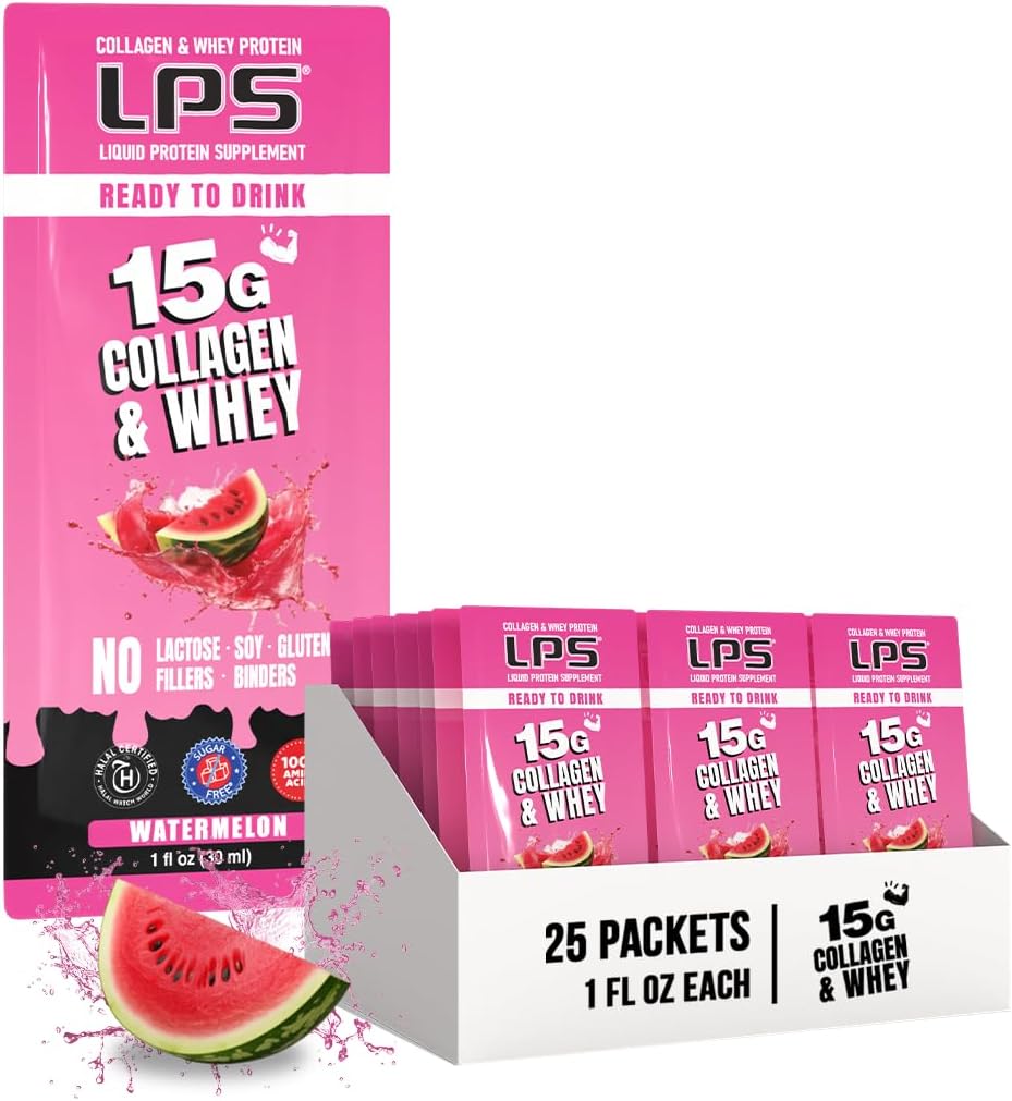 Diseños Nutricionales LPS LPS Liquid Collagen & Whey Protein Suplemento - Non-GMO Bebe, Libre de azúcar - Promueve la piel sana y el pelo para hombres & mujeres, sandía, servidumbre individual (25 paquetes)