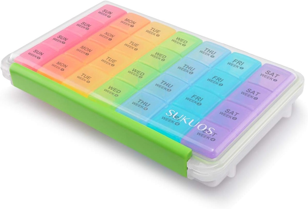 Sukuos Organizador Mensual de Pill 28 Días, Grandes cajas resistentes a la humedad con caja de polvo y tapa clara para aceite/suplementos de vitamina/Fish, Fácil de abrir y limpiar