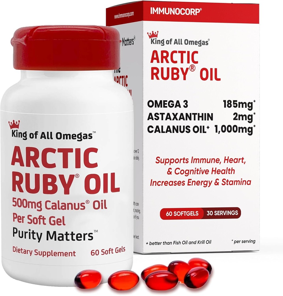 Arctic Ruby Oil 1000mg – Omega 3 Suplemento para Mujeres y Hombres con EPA, DHA & Astaxanthin 2mg - Fish & Krill Oil Alternative – 60 Softgels (1 Pack)