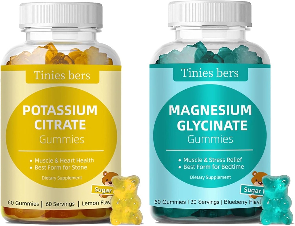 Potasio Gummies y Magnesio Glycinate Gummies para Adultos Niños, Sugar Gratis, Gluten Gratis, No GMO, Pectin, Vegan