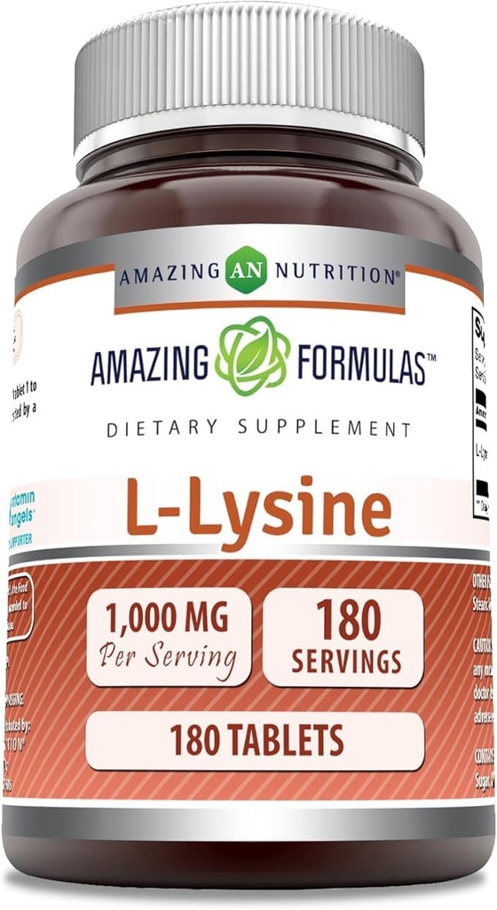 Fórmulas increíbles L-Lysine Amino Suplemento TENIDO 1000 Mg Por Serving TENRI 180 Tablets TEN NO-GMO TENIDO Gluten-Free TEN Made in USA