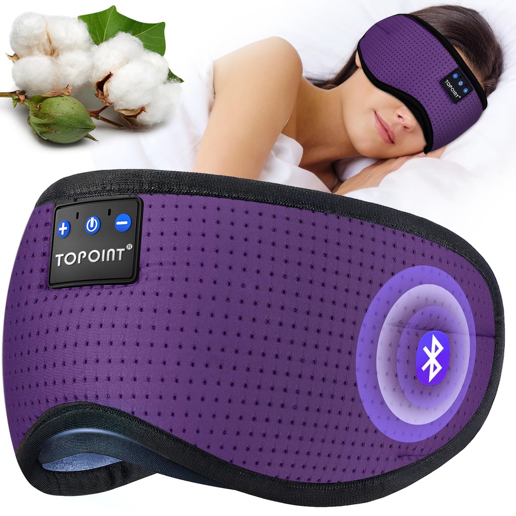 TOPOINT Sleep Mask Headphones Bluetooth Wireless 5.4, Breathable Cotton Eye Mask for Sleeping Side Sleepers Travel Music Headsets with Microphone Handsfree Men Women