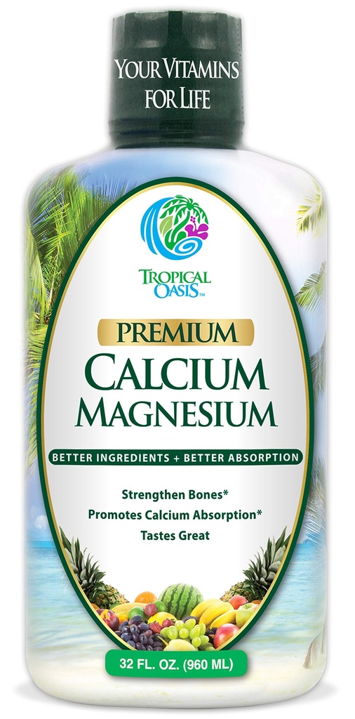 Oasis tropical magnesio de calcio líquido - Fórmula natural w/Apoyo para huesos fuertes - Vitaminas líquidas w / calcio, magnesio & vitamina D - hasta 96% Absorción por el cuerpo. - 32oz, 64 Serv.