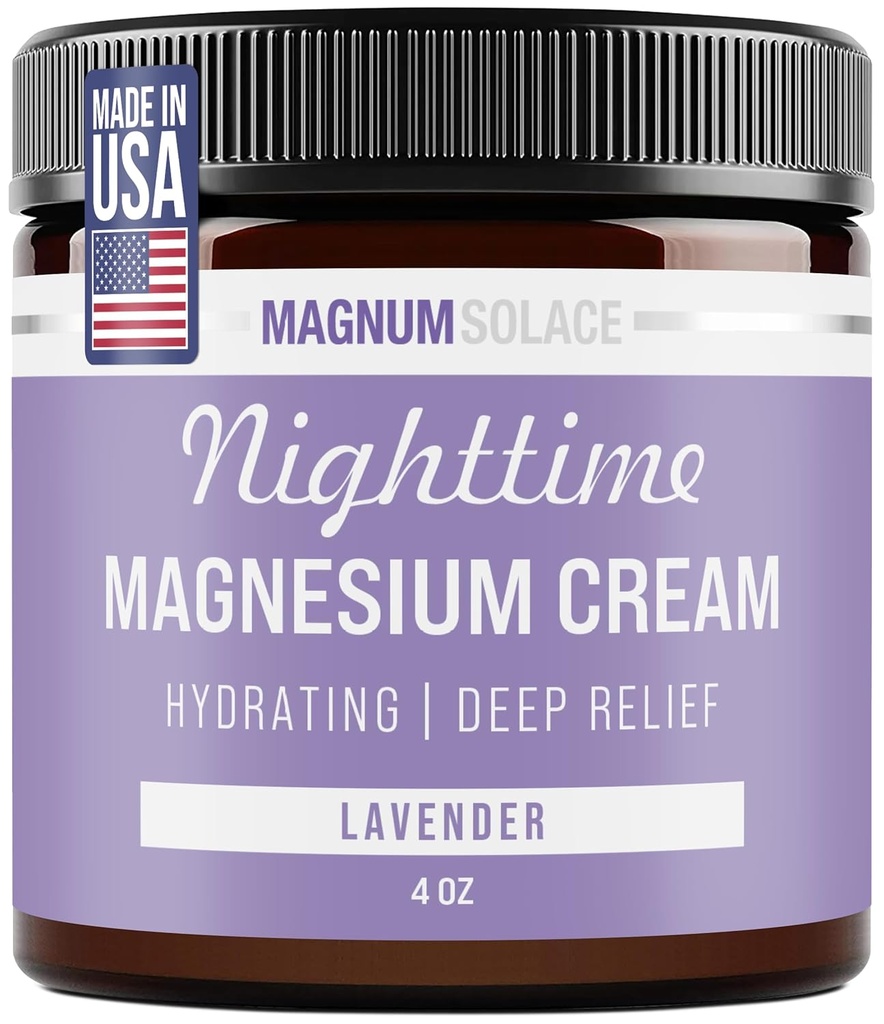 Loción de magnesio – Crema de magnesio nocturna – Aplicar a las piernas, los brazos o el tórax - Cloruro de magnesio tópico – EE.UU. Hecho y seguro para niños (Lavanda)