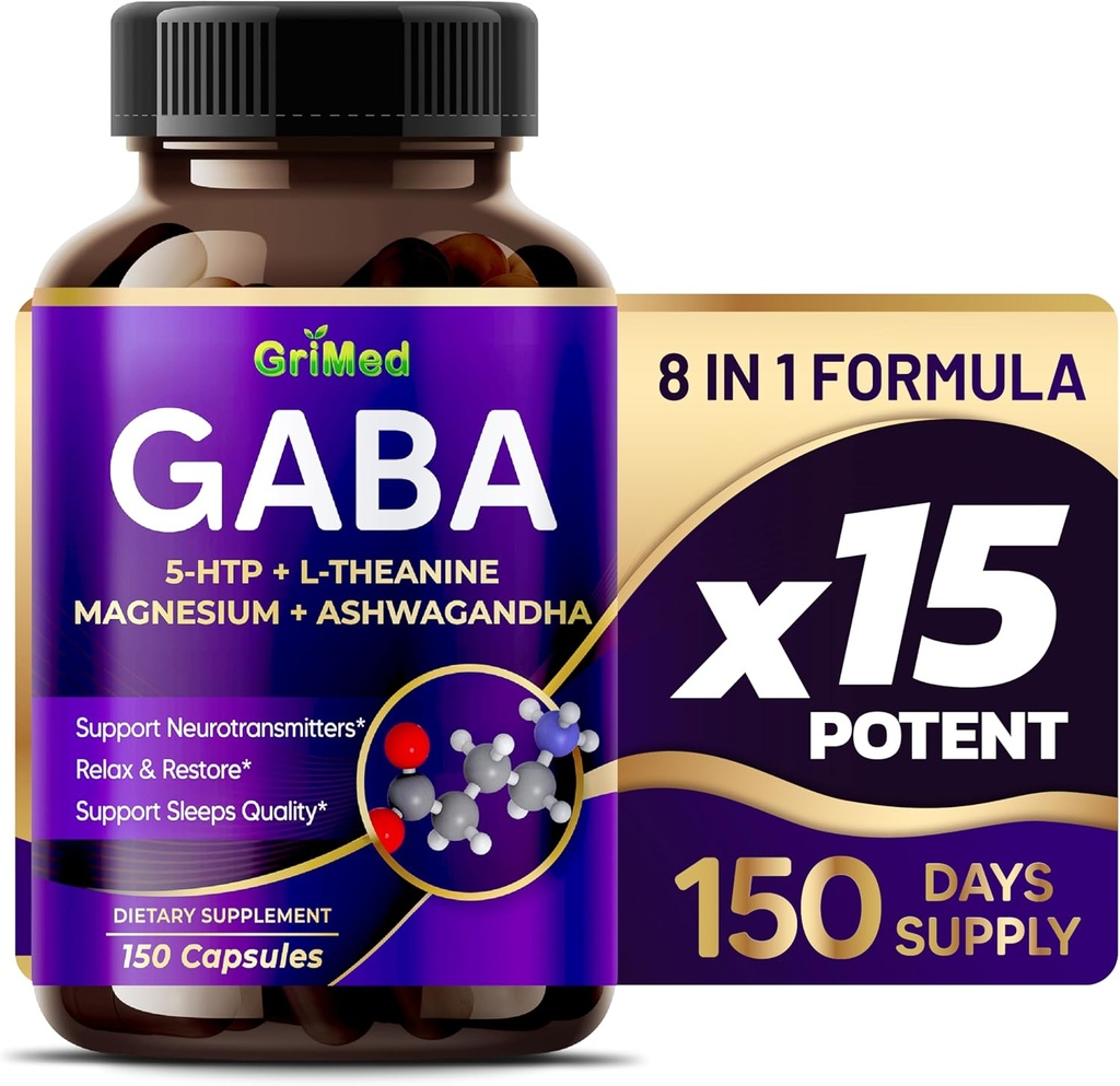 GriMed GABA 16,280mg - X15 Power with 5-HTP, L-Theanine, Magnesium, Ashwagandha - Relax & Restore, Support Sleep Well - Made in USA (150 Count (Pack of 1))