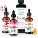 LIQUIDHEALTH Vegan Esenciales diarios Kit de inicio de vitaminas con gotas de metil orgánico B12, colágeno líquido vegano + biotina, hierro líquido, gotas de vitamina D3 - 100% Suplementos de vitaminas basados en plantas, hechos en EE.UU.