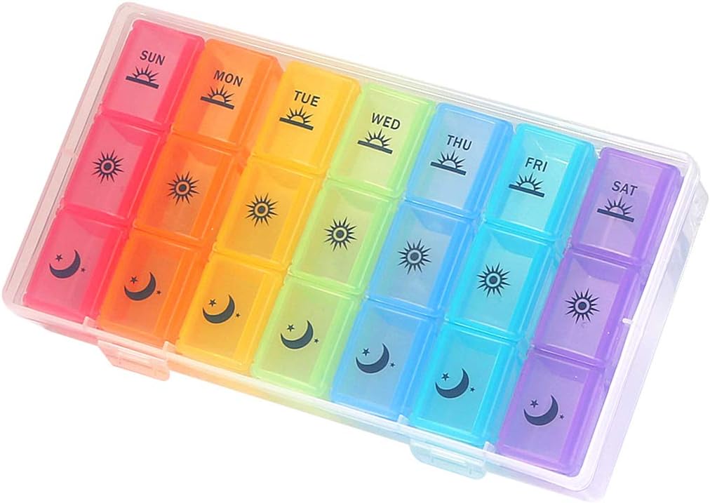 Organizador semanal de píldoras, 3-Times-A-Day 7 Day Pill Box Compartimientos grandes Moisture-Proof Pill Case Medication Reminder Portable Travel Container for Vitamins Fish Oil Compartments Suplementos