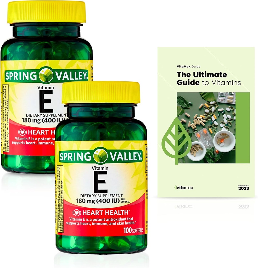 Generic Spring Valley Vitamina E Heart Health Suplemento dietético Softgels, 180 mg (400 UI), 200 Cuenta + Exclusiva VitaMax Guía de vitaminas (3 artículos)
