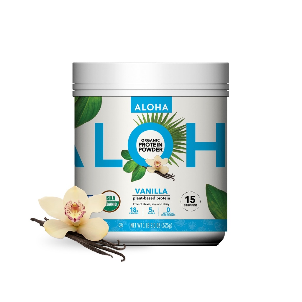 ALOHA Planta Orgánica Basada en Polvo Proteína, Stevia Gratis, Vainilla, 19.6 oz, 15 Servimientos PACKAGING MAY VARY