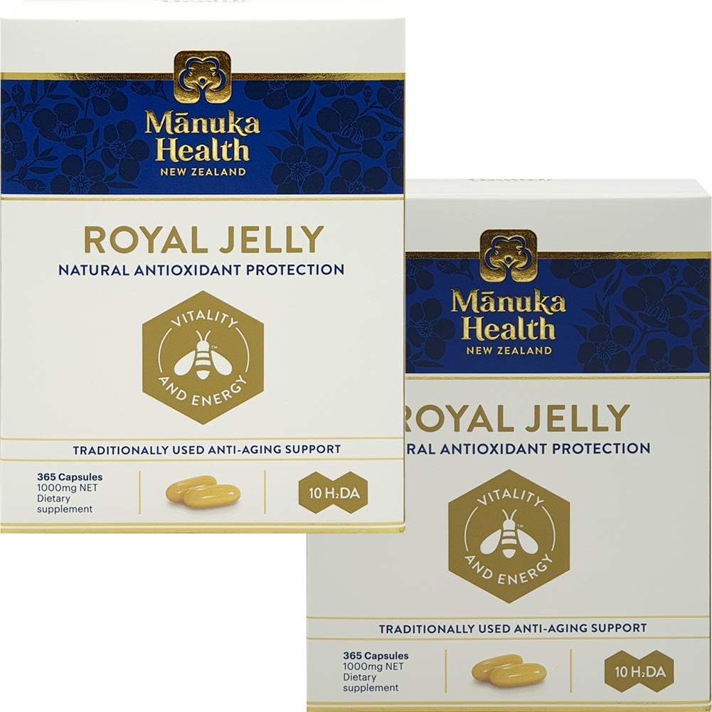 Manuka Health 10hda Royal Jelly 1000mg 365 Capsules 100% Pure New Zealand Royal Jelly Immune System Booster & Supports Salud de la piel y vitalidad (Pack of 2)