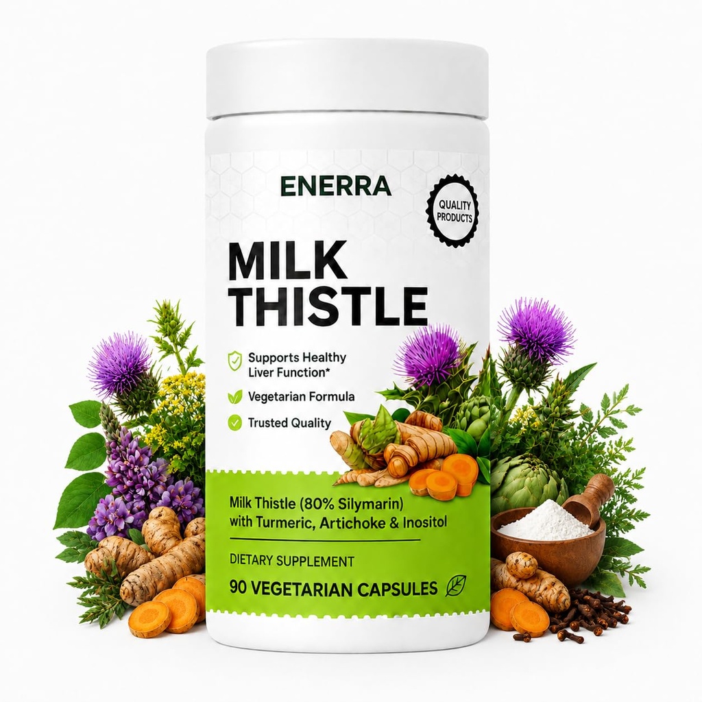 Enerra Milk Thistle, 80% Silymarin Liver Support Formula, Inositol, Vitamin C, Turmeric, Wormwood, Clove, Dandelion, 8-Ingredient Blend, Support Liver Health, Non-GMO, Gluten-Free, 90 Capsules