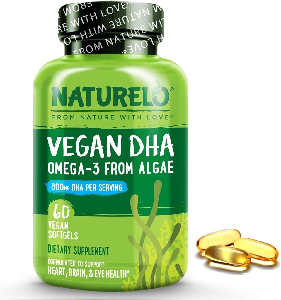 NATURELO Vegan DHA - Óleo Omega 3 de Algae - Suplemento para Cerebro, Corazón, Conjunto, Salud Ocular - Proporciona ácidos grasos esenciales para mujeres, hombres y niños - Complementos Vitaminas prenatales - 60 Softgels