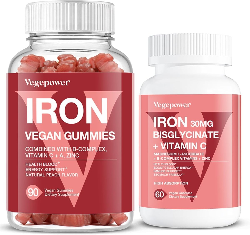 Gummies de hierro vegano + Hierro Bisglycinate 30MG ← Vegan Iron Suplemento Apoyo para la Energía Sanitaria y Diaria para Adultos & Niños - 90 Condes+60 Condes