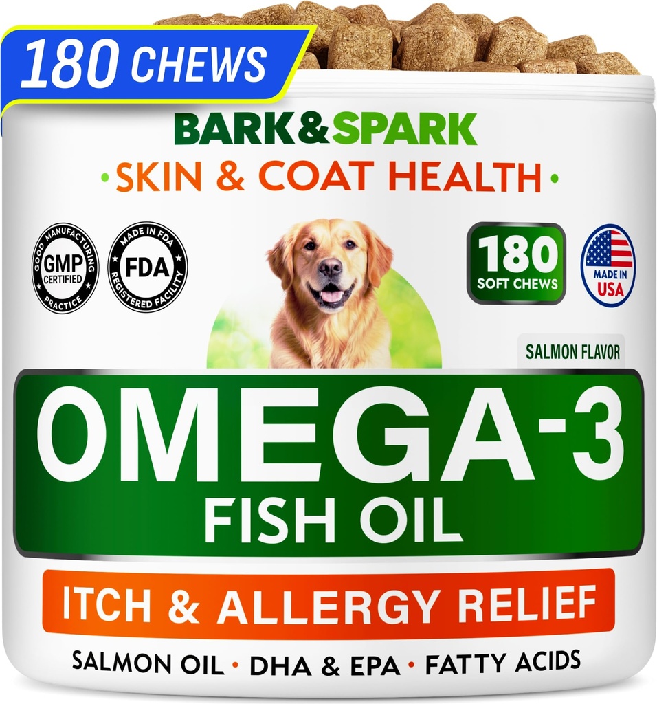 BARK Pulse Omega 3 for Dogs - 180 Fish Oil Treats for Dog Shedding, Skin Allergy, Itch Relief, Hot Spots Treatment - Joint Health - Skin and Coat Supplement - EPA & DHA Fatty Acids - Salmon Oil