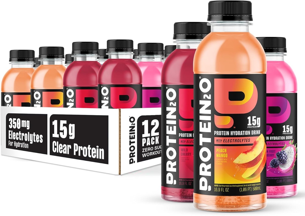 Bebida de hidratación Protein2o - 2-en-1 Liquid Clear Whey Protein Isolate and Electrolyte Drink - 15g Protein, Vitaminas B5, B6 - Recuperación de Post-Workout - 16.9 Fl Oz - 12 Conde Flavor Fusion Variety Pack
