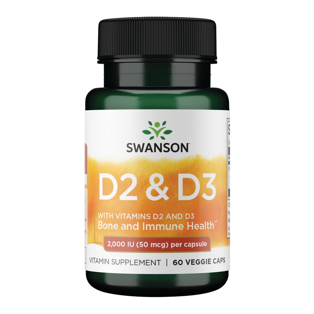 Complejo de vitamina D Swanson con vitaminas D2 &amp; D3 - Complejo completo de vitaminas Sunshine para la salud ósea, dental e inmunitaria - Suplemento de vitaminas (50 mcg, 60 cápsulas vegetales)