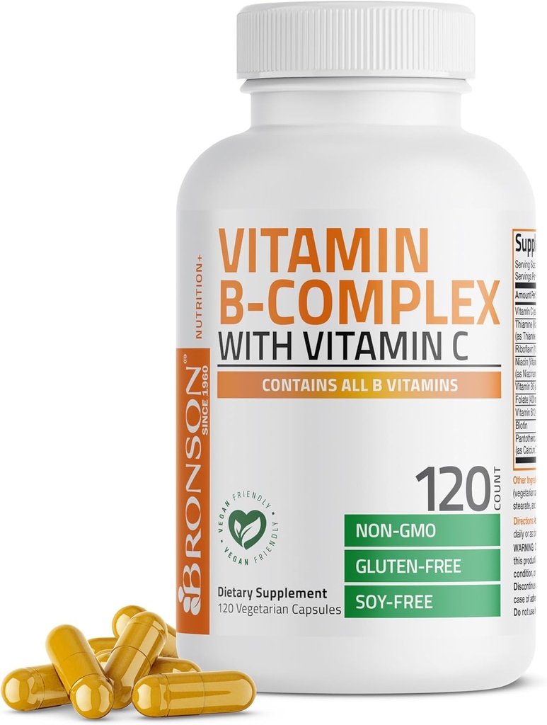 Complejo Bronson Vitamina B con Vitamina C - Salud Inmune, Apoyo Energético & Nervous System Support - Non-GMO, 120 cápsulas vegetarianas