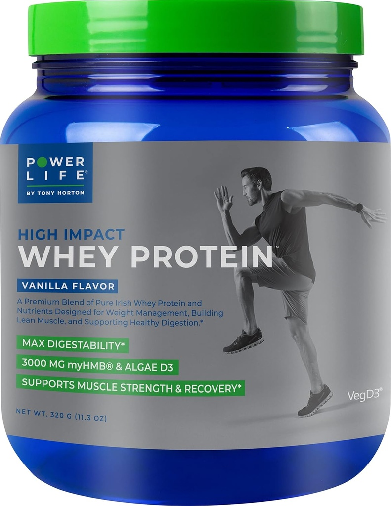POWERLIFE Tony Horton High Impact Grass Fed Whey Protein with 3000 MG of HMB, No Sugar Añadido, Non-GMO, Hormona y Antibiótico Gratis, 15 Servings (Vanilla)