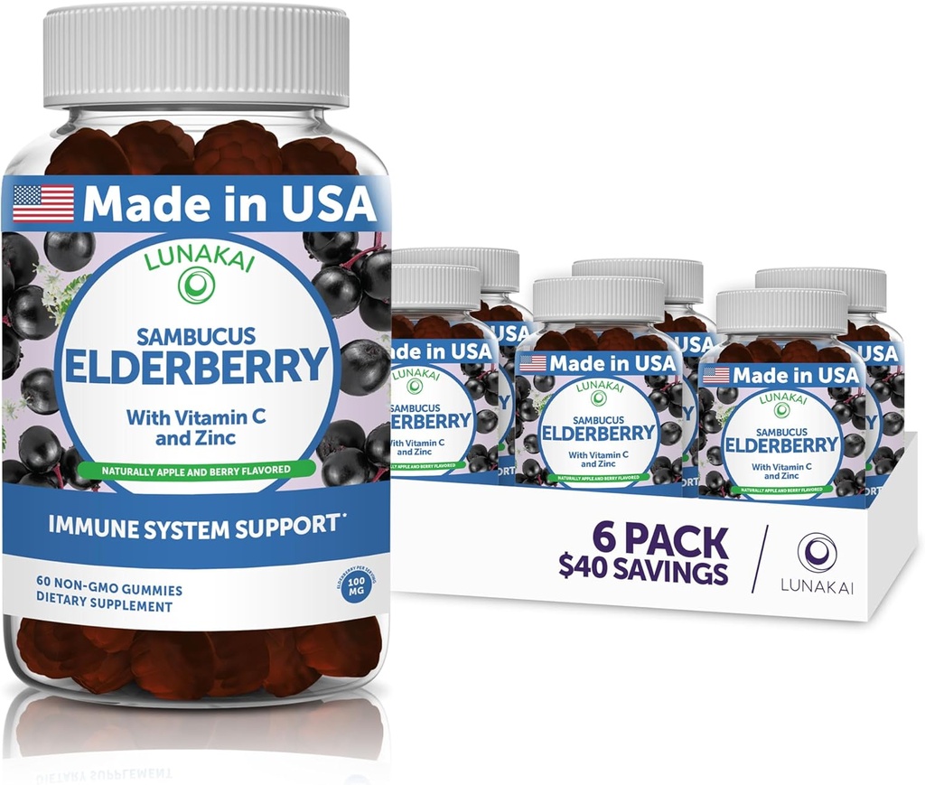 Lunakai Sambucus Gummies de arándano con zinc & vitamina C para adultos & niños - 100 mg de vitaminas de arándano Negro Suplemento de apoyo - Vegan, No GMO, Sin jarabe de maíz - 6 Pack