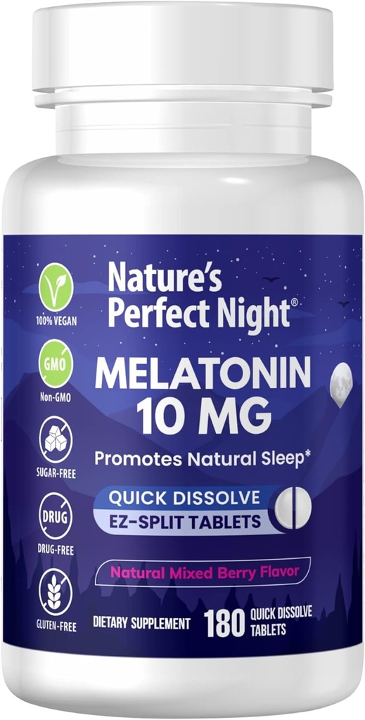 La noche perfecta de la naturaleza ← Melatonin 10mg  180 Quick Dissolve Tablets  Natural Mixed Berry Flavor ANTEHigh Potency  durable Sugar Free ← Vegan  durable Gluten Free ← Tamaño