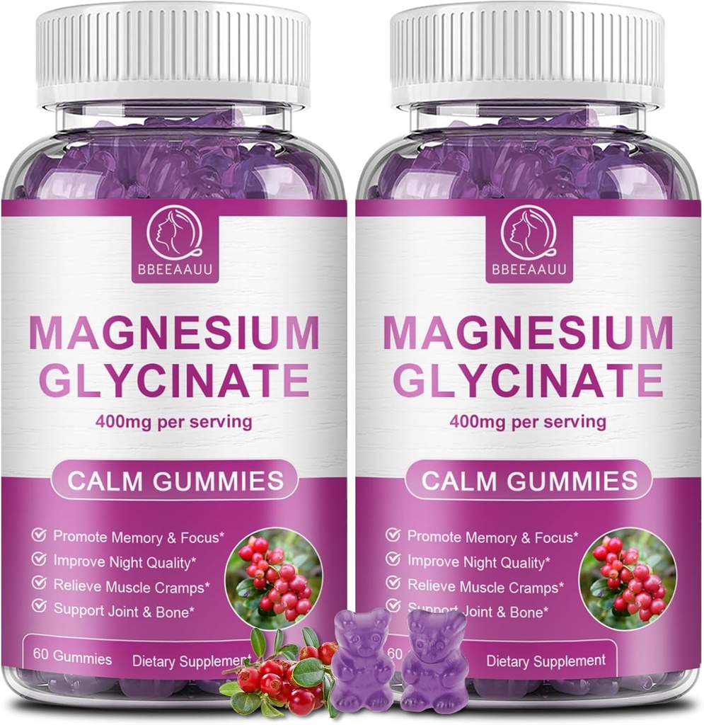Magnesium Glycinate Gummies 400 mg, High Absorption Magnesium Glycinate Suplemento con Potasio, Calcio, Vitamina D, B6 &amp; CoQ10 para la noche, Muscle Support Cranberry Flavor 60 Conteo (2 Packs)