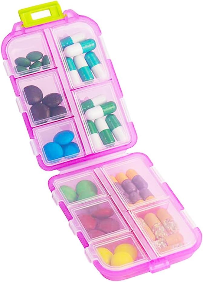 Organizador de píldoras de viaje, Moisture Proof Daily Medicine Dispenser Box, Pequeño caso de vitamina semanal para suplemento, aceite de pescado, medicamentos, farmacia de bolsillo Cute Capsule Container 10 Compartimientos, Rosa