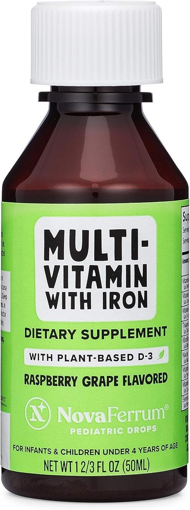 NovaFerrum Delish ← Vegan Multivitamínico con hierro para bebés, niños pequeños " niños sometidos Apoyo inmunitario ← Orgánica de base vegetal D-3 Silencio Gluten Gratis ← Vegan Verified  Sugar Free ← 1.69 Fl Oz (50 mL)