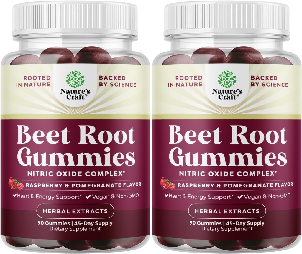 Gotas de remolacha de remolacha - Gummies de remolacha vigorizante para adultos Nitric Oxide Energy & Heart Health Support with Grapeseed Pomegranate & Vitamin B12 - Vegan Non-GMO & Gluten Free (3 meses)