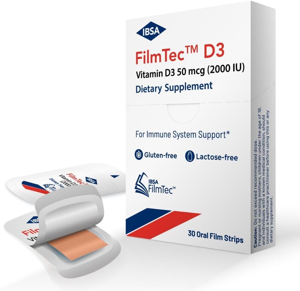 FilmTec D3 - Suplemento dietético – 2000 IU Vitamina D3-30 Disoluving Films Oral para la liberación inmediata y la tolerancia - Sin gluten, sin lactosa, sin azúcar, sin GMO