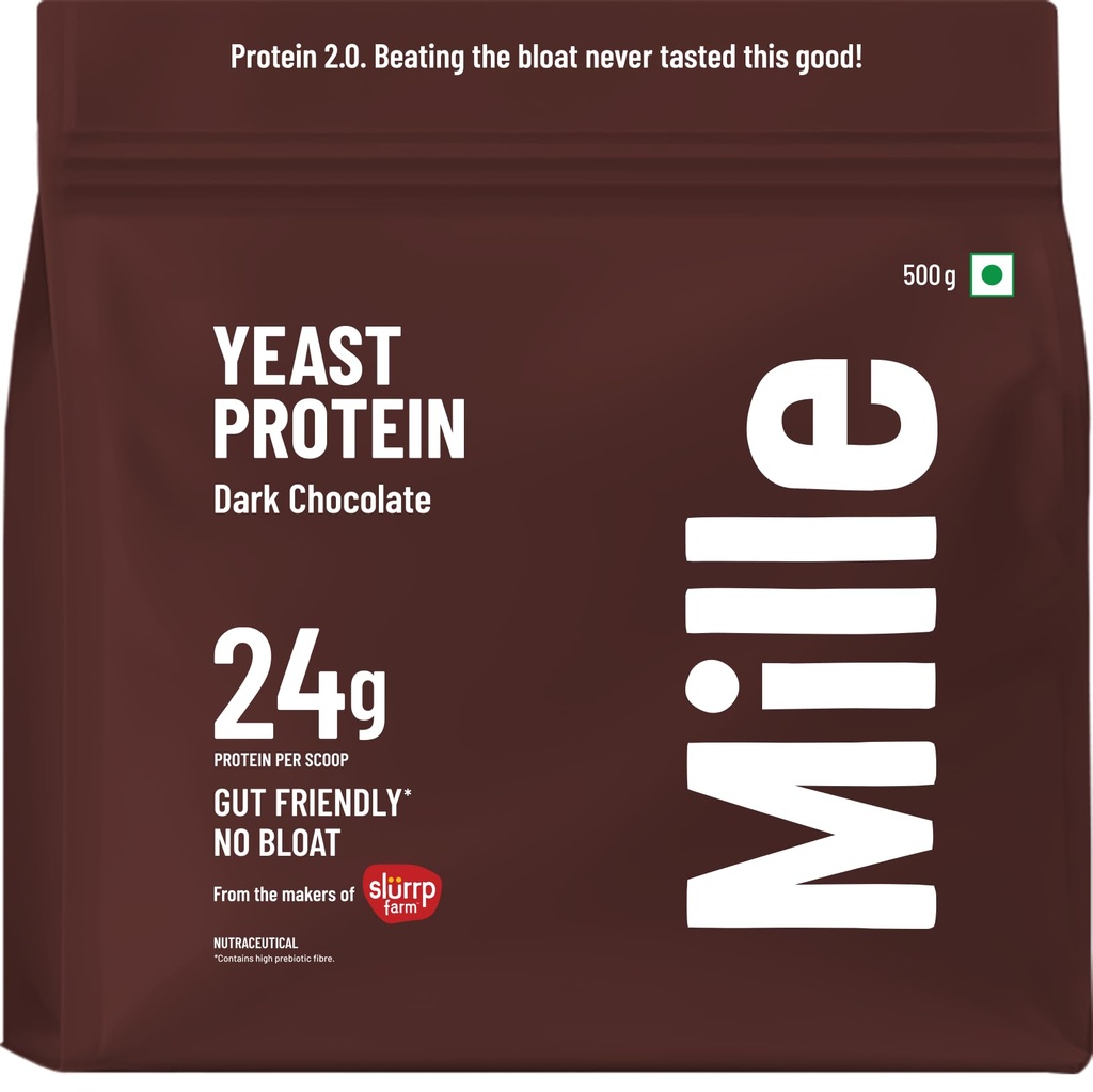 Mille Dark Chocolate Yeast Protein Powder (NEW LAUNCH) | 24g Protein/Scoop | NO BLOAT | NO Added Sugar | Fermented Yeast Protein Powder | Vegan | Has All 9 Essential Amino Acids | No Adulteration | 500g