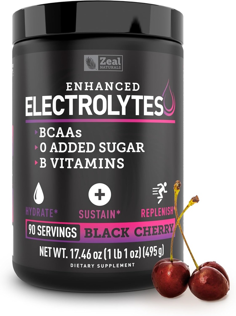 Zeal Naturals Electrolyte Powder Recovery Drink (90 Servings ← Black Cherry) w/ 0 Sugar +BCAAs +B-Vitamins Suplemento electrolito w Potasio Zinc & Magnesio para la hidratación - Keto Electrolitos