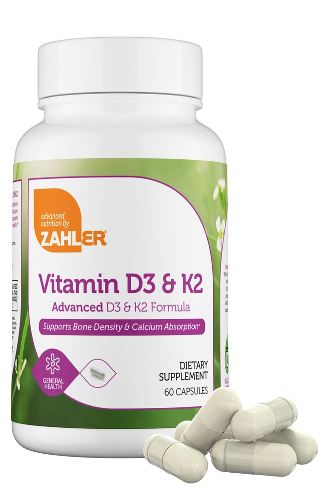 Zahler Vitamina D3 5000 UI K2 - Vitamina Avanzada D3 K2 Fórmula - Densidad ósea " Absorción de calcio - Kosher Vegetarian MK7 Vitamina K2 D3 Suplemento Vitamina - VIT D3 K2, Vitamina D K2 (60 cápsulas)